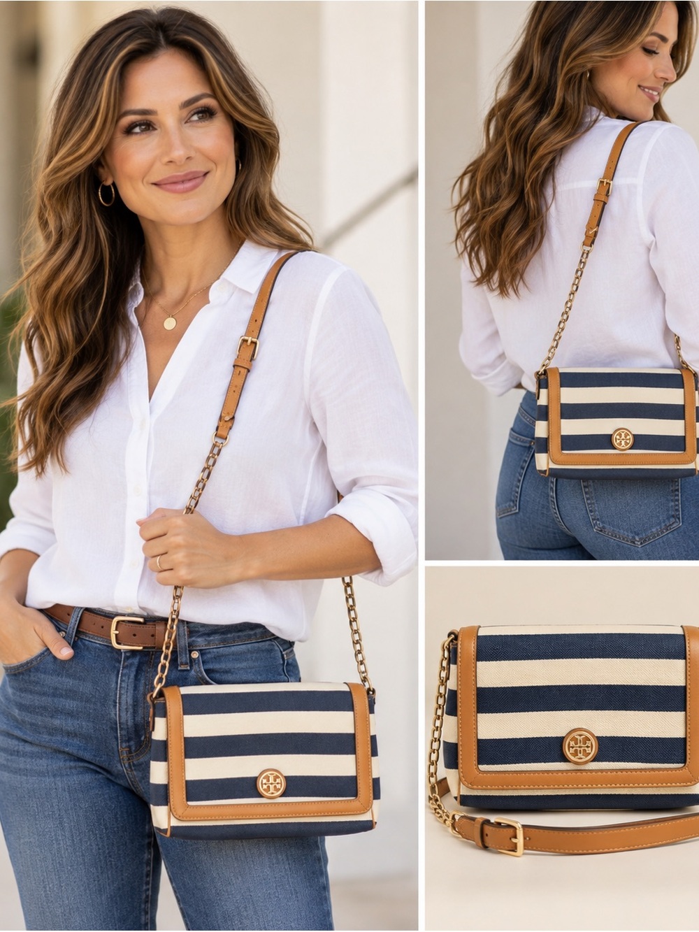 Tory Burch Striped Crossbody Bag Navy Ivory Tan Chain Strap Gold Logo
